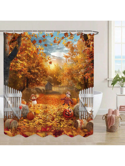 Countryside Charm: Farm-Themed Shower Curtain with Maple Leaves and Sunflowers