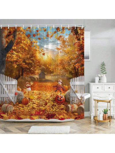 Countryside Charm: Farm-Themed Shower Curtain with Maple Leaves and Sunflowers