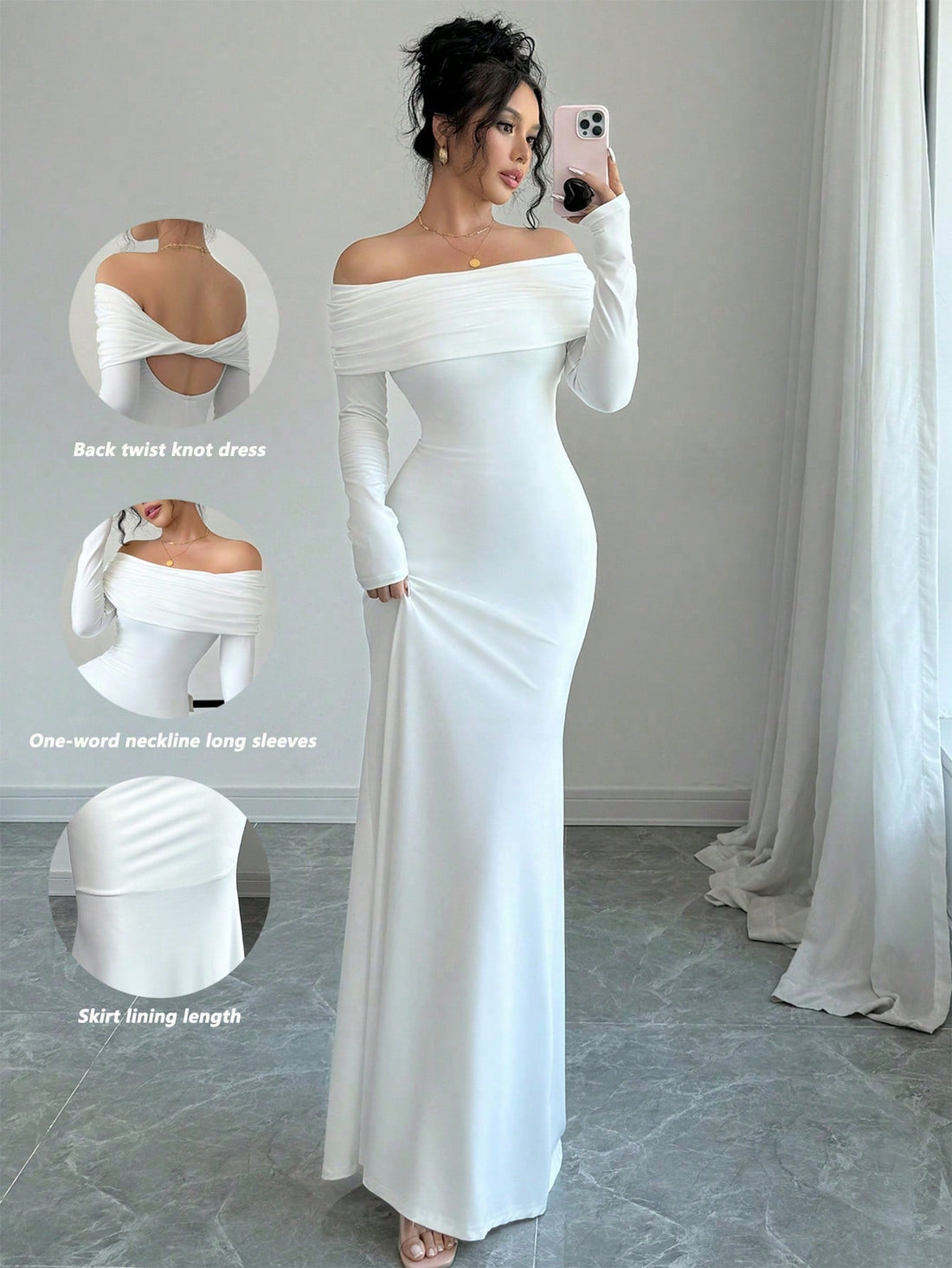 Turn heads this season in our stunning off-shoulder fishtail maxi dress—where elegance meets effortless glamour. The graceful off-shoulder neckline flatters your silhouette while the dramatic fishtail hem adds a touch of sophisticated flair. Crafted for autumn and winter wear, this dress transitions seamlessly from evening events to special occasions. The flowing fabric drapes beautifully, creating a romantic silhouette that celebrates your style. Whether you're dressing up for a night out or making a state