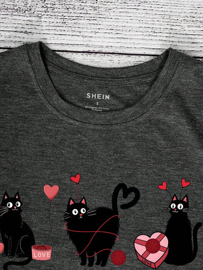 Love Feline Style: Black Cat Graphic T-Shirt for Valentine's Day