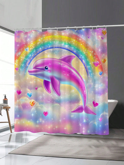 Whimsical Dolphin Rainbow Heart Shower Curtain – Waterproof & Mildew-Resistant with Hooks & Grommets