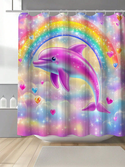 Whimsical Dolphin Rainbow Heart Shower Curtain – Waterproof & Mildew-Resistant with Hooks & Grommets