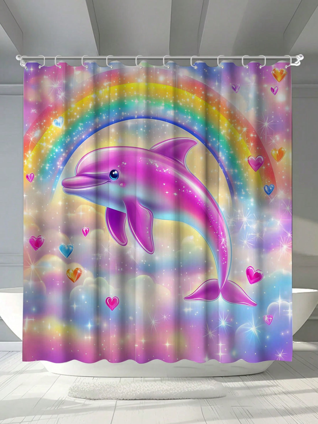 Make a splash with our Whimsical Dolphin Rainbow Heart Shower Curtain! This playful curtain is not only waterproof and mildew-resistant, but also comes with hooks and grommets for easy installation. Add some whimsy to your bathroom and keep it clean and dry – what more could you ask for?