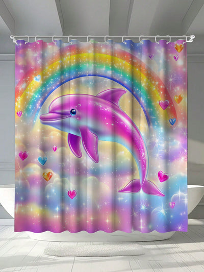 Whimsical Dolphin Rainbow Heart Shower Curtain – Waterproof & Mildew-Resistant with Hooks & Grommets