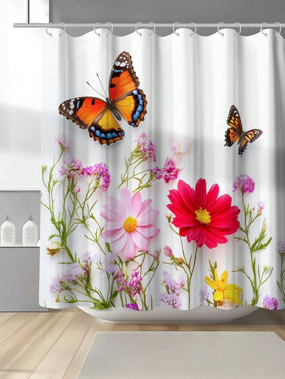 Floral Butterfly Digital Printed Shower Curtain - Mildew Proof & Waterproof with Hooks & Eyelets