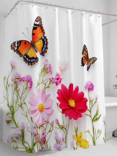 Floral Butterfly Digital Printed Shower Curtain - Mildew Proof & Waterproof with Hooks & Eyelets