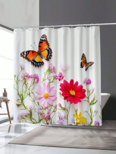 Floral Butterfly Digital Printed Shower Curtain - Mildew Proof & Waterproof with Hooks & Eyelets