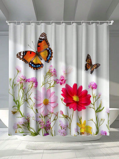 Floral Butterfly Digital Printed Shower Curtain - Mildew Proof & Waterproof with Hooks & Eyelets