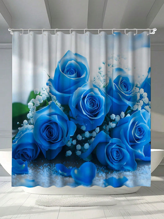 Elegant Blue Rose Floral Shower Curtain – Mildew-Resistant, Waterproof & Stylish Bathroom Essential