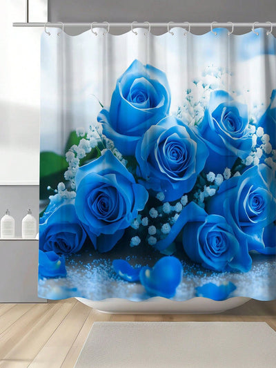 Elegant Blue Rose Floral Shower Curtain – Mildew-Resistant, Waterproof & Stylish Bathroom Essential