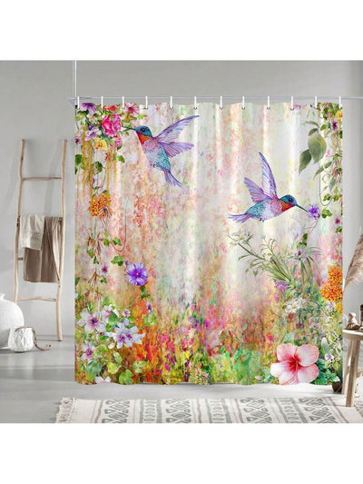 Whimsical Hummingbird & Floral Shower Curtain - Romantic Pastoral Abstract Decor