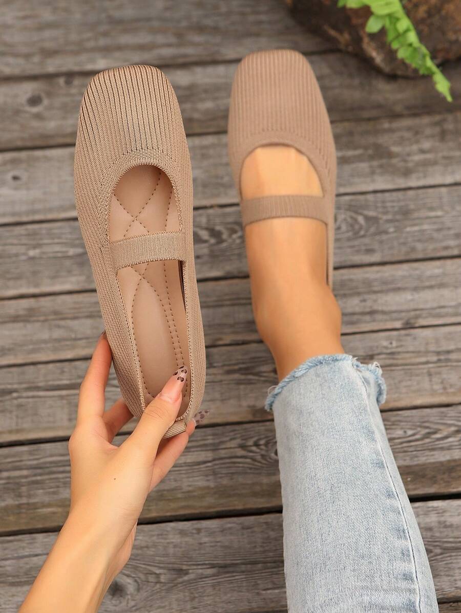 Beige knit Mary Jane flats with square toe and soft instep strap.