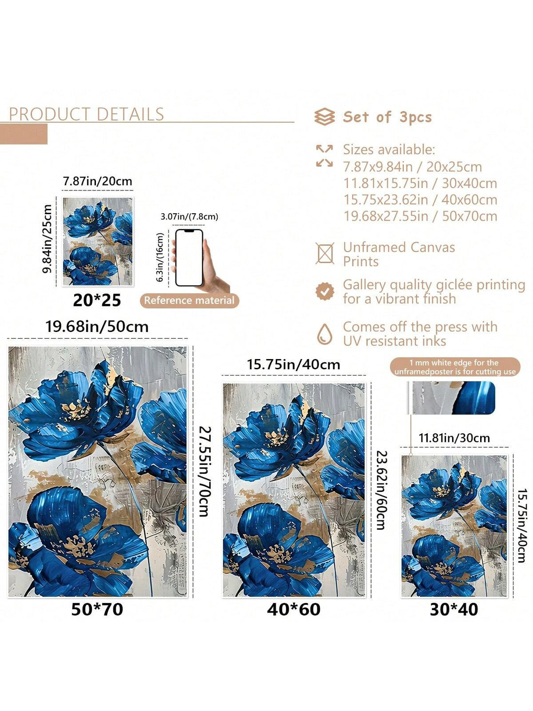 Transform your living space with our Elegant 3-Piece Blue Floral Canvas Wall Art Set - the perfect addition to any Scandinavian style home. Adorn your living room, bedroom, or dining room with these beautiful pieces for a touch of elegance and serenity. A must-have for any home decor enthusiast!