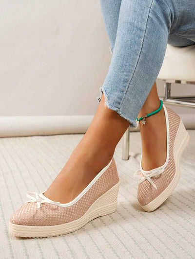 Chic Apricot Platform Wedge Loafers with Bowknot Detail