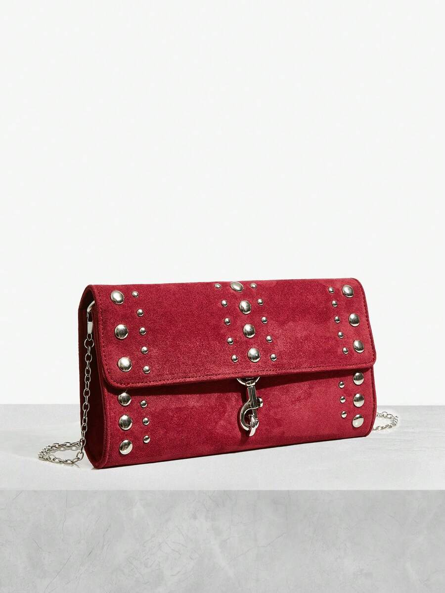 Back view of elegant riveted angola red clutch: perfect fashion accessory for valentine's day with riveted accents, clutch silhouette for party styling
