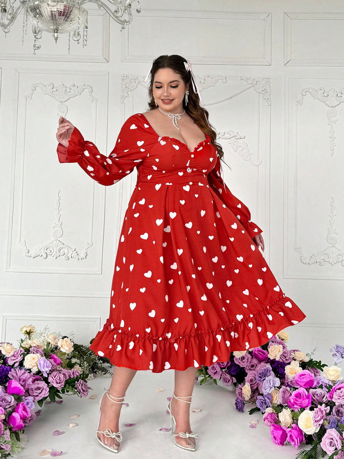 Be the chicest Valentine's date in town with this Heart Graphic Long Sleeve Fit & Flare Dress. Its elegant over-knee style hugs your curves in all the right places. Featuring a playful heart graphic, this dress adds a touch of fun to your look. Perfect for Valentine's Day or any romantic occasion.
