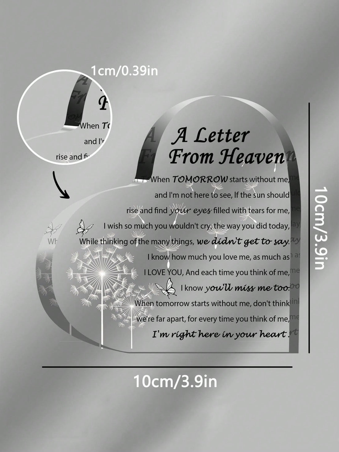 Honor your loved one with a heartfelt acrylic dandelion memorial keepsake. This touching letter from heaven sympathy gift is a beautiful way to remember and cherish them. Let their memory live on with this special keepsake.