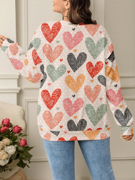 Vibrant Heart Polka Dot Plus Size Sweatshirt – Cozy Crew Neck Long Sleeve Style