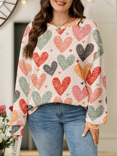 Vibrant Heart Polka Dot Plus Size Sweatshirt – Cozy Crew Neck Long Sleeve Style