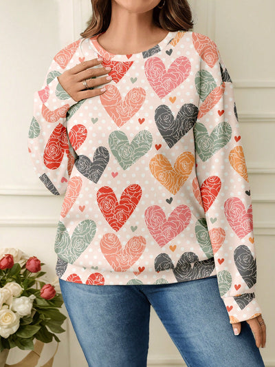 Vibrant Heart Polka Dot Plus Size Sweatshirt – Cozy Crew Neck Long Sleeve Style