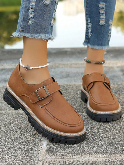 Women's Thick Sole Loafers With Fashion Buckle Design, Student Flat Shoes