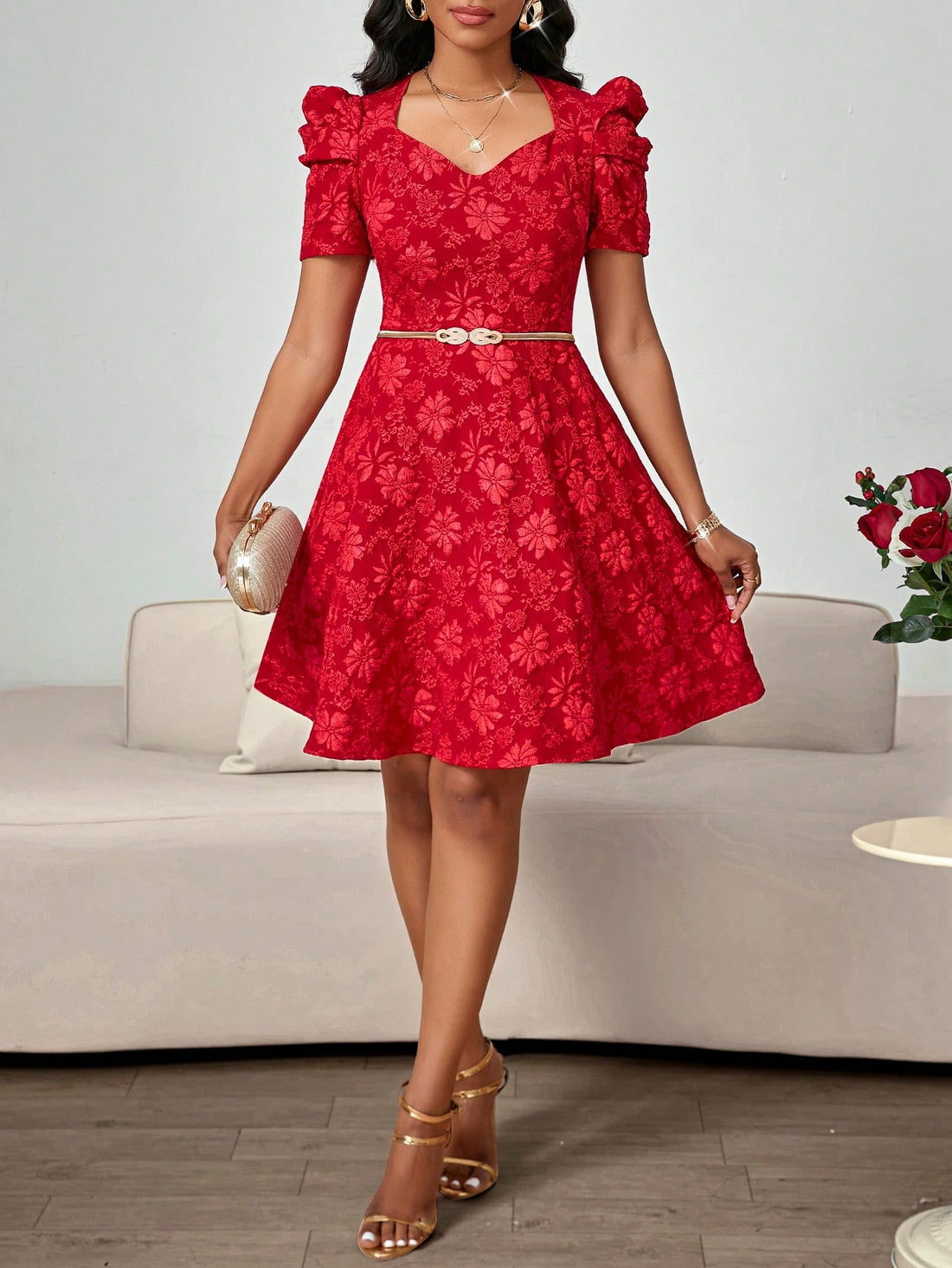 Get ready for Valentine's Day in style with our Elegant Red Floral Jacquard Short Dress! Featuring a sweetheart collar and fashion-forward puff sleeves, this dress will turn heads and make a statement wherever you go. Perfect for date night, parties, or any special occasion. Who says you can't look elegant and playful at the same time?