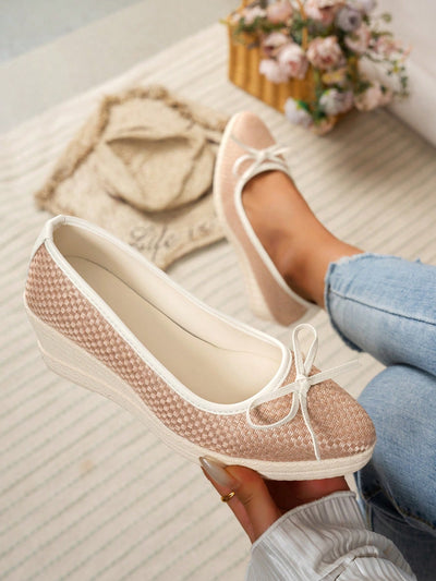 Chic Apricot Platform Wedge Loafers with Bowknot Detail