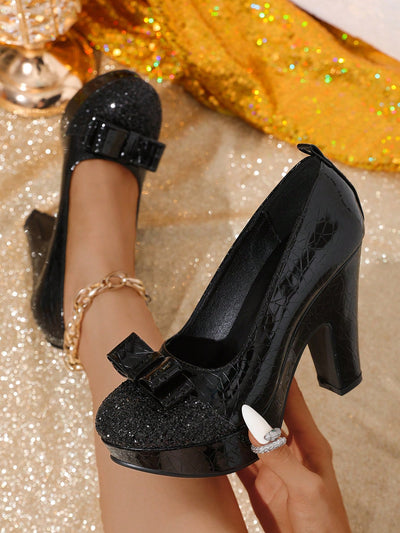 Elegant Sequin Bowknot Thick-Heel Dress Shoes for Women