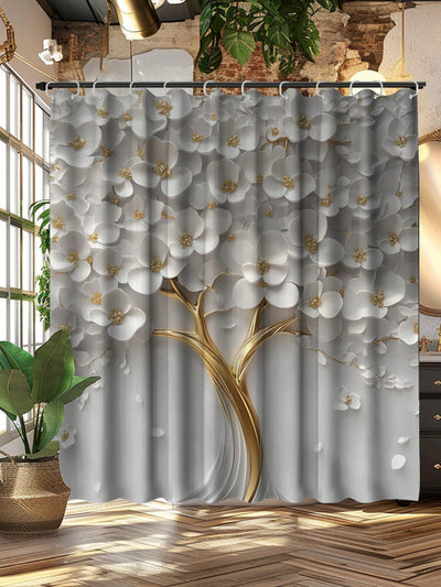 Elegant Botanical Gold Floral Shower Curtain - Waterproof & Mildew Resistant with Hooks & Grommets