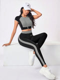 crew neck zip crop top and striped long leggings women sportswear set with colorblock panels image 5