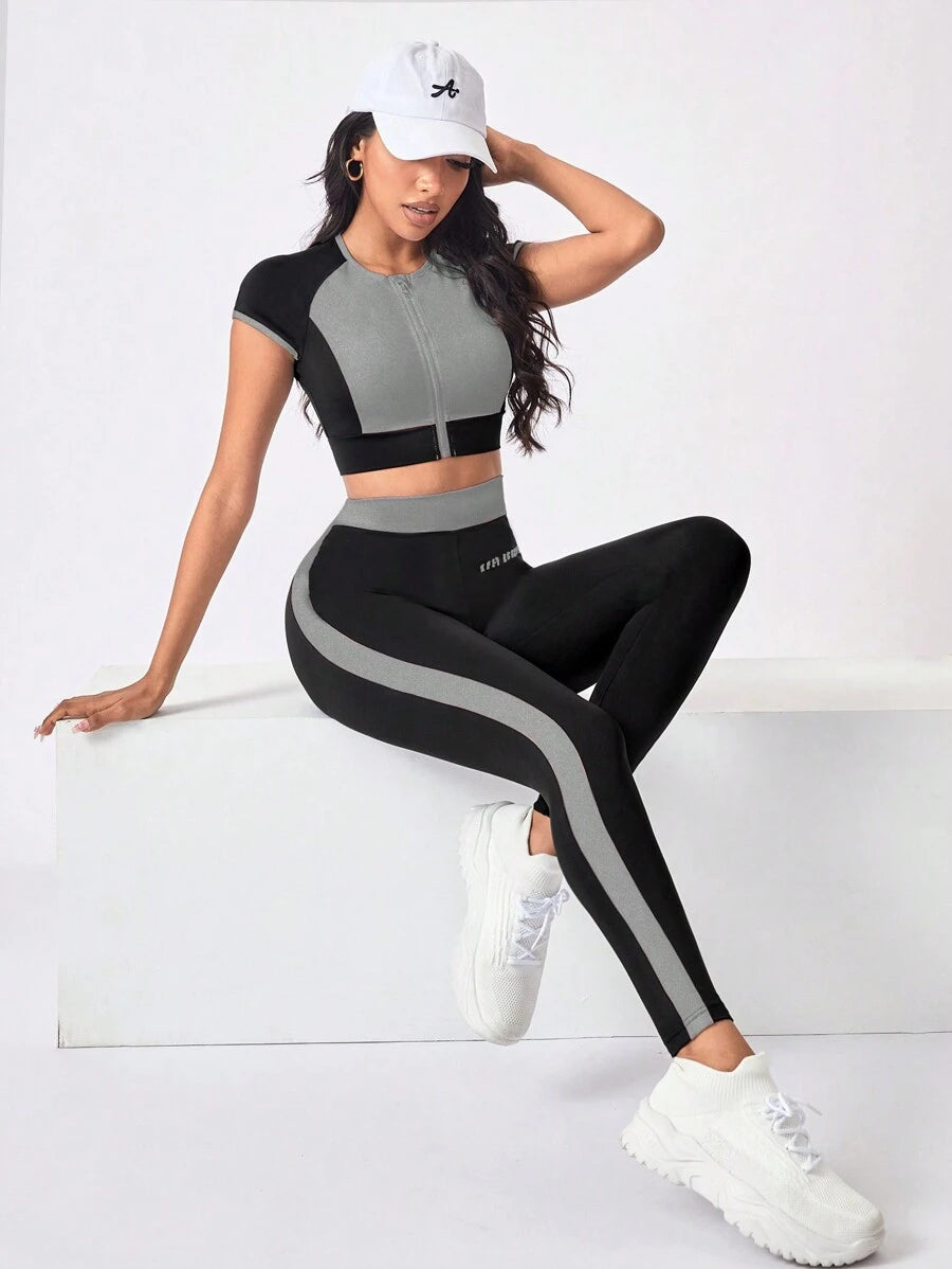 crew neck zip crop top and striped long leggings women sportswear set with colorblock panels image 5