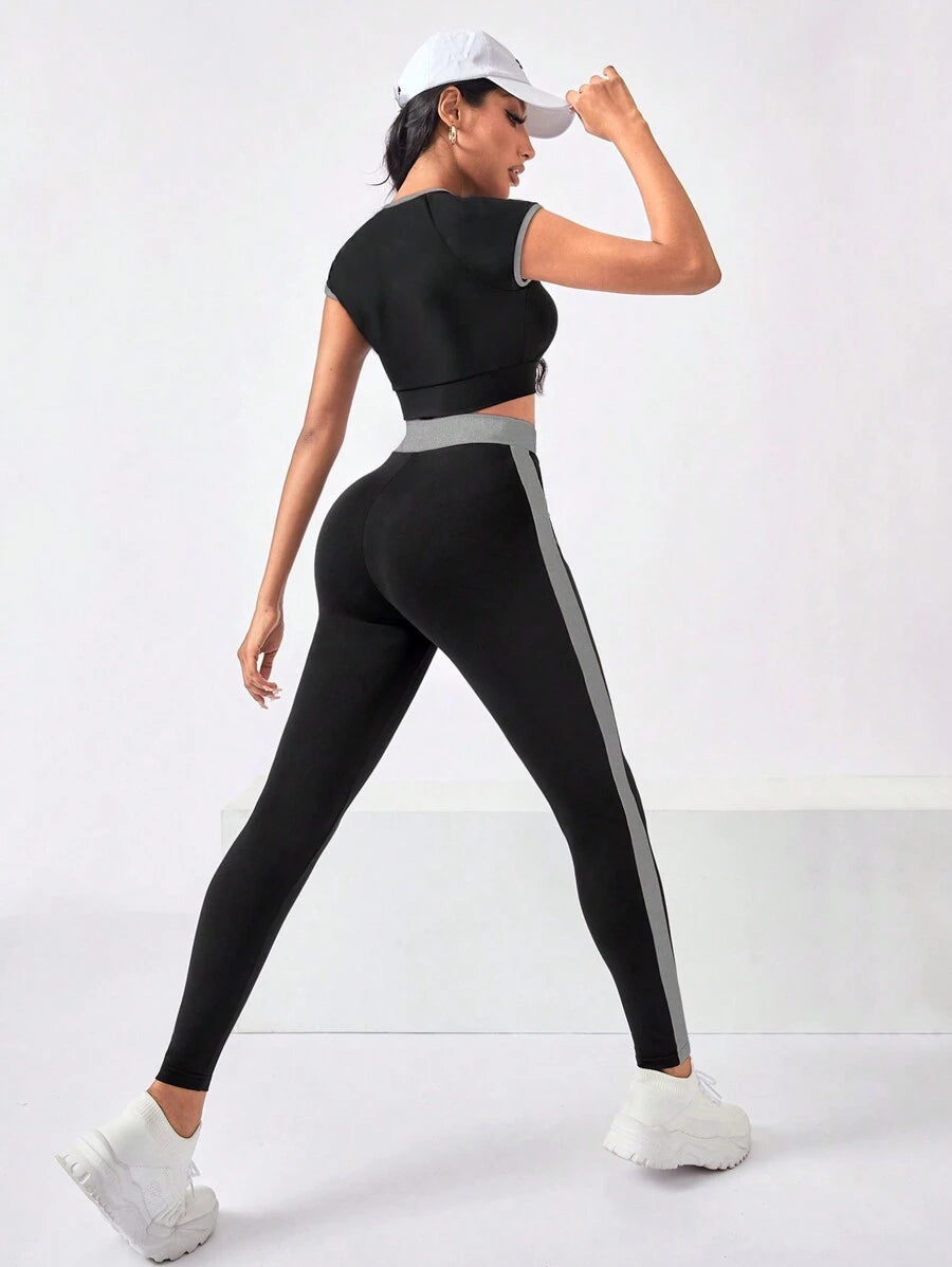 crew neck zip crop top and striped long leggings women sportswear set with colorblock panels image 6