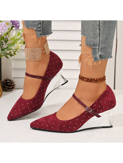 Chic Elegance: Women's Black Pointed Toe Rivet Wedge Heels with Ankle Strap