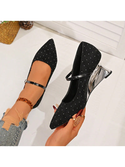 Chic Elegance: Women's Black Pointed Toe Rivet Wedge Heels with Ankle Strap