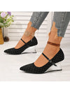 Chic Elegance: Women's Black Pointed Toe Rivet Wedge Heels with Ankle Strap