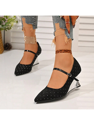 Chic Elegance: Women's Black Pointed Toe Rivet Wedge Heels with Ankle Strap