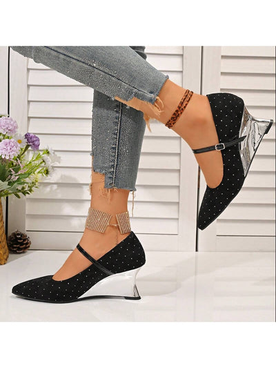 Chic Elegance: Women's Black Pointed Toe Rivet Wedge Heels with Ankle Strap