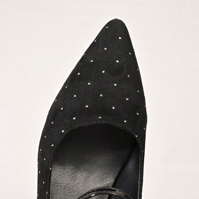 Chic Elegance: Women's Black Pointed Toe Rivet Wedge Heels with Ankle Strap