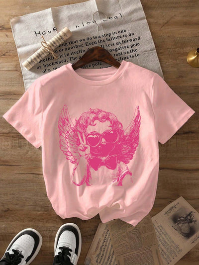 Playful Retro Cupid Bubble Print T-Shirt for Valentine's Day