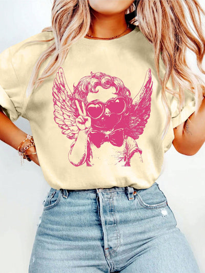 Playful Retro Cupid Bubble Print T-Shirt for Valentine's Day