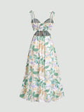 Side angle of boho cami midi dress with shirred waist detail