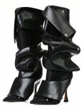 Slip-on view of Elegant Winter Brown Knee High Ruched Slouchy Stiletto Boots for Women - Perfect Nightclub Luxury Footwear for knee high boot styling