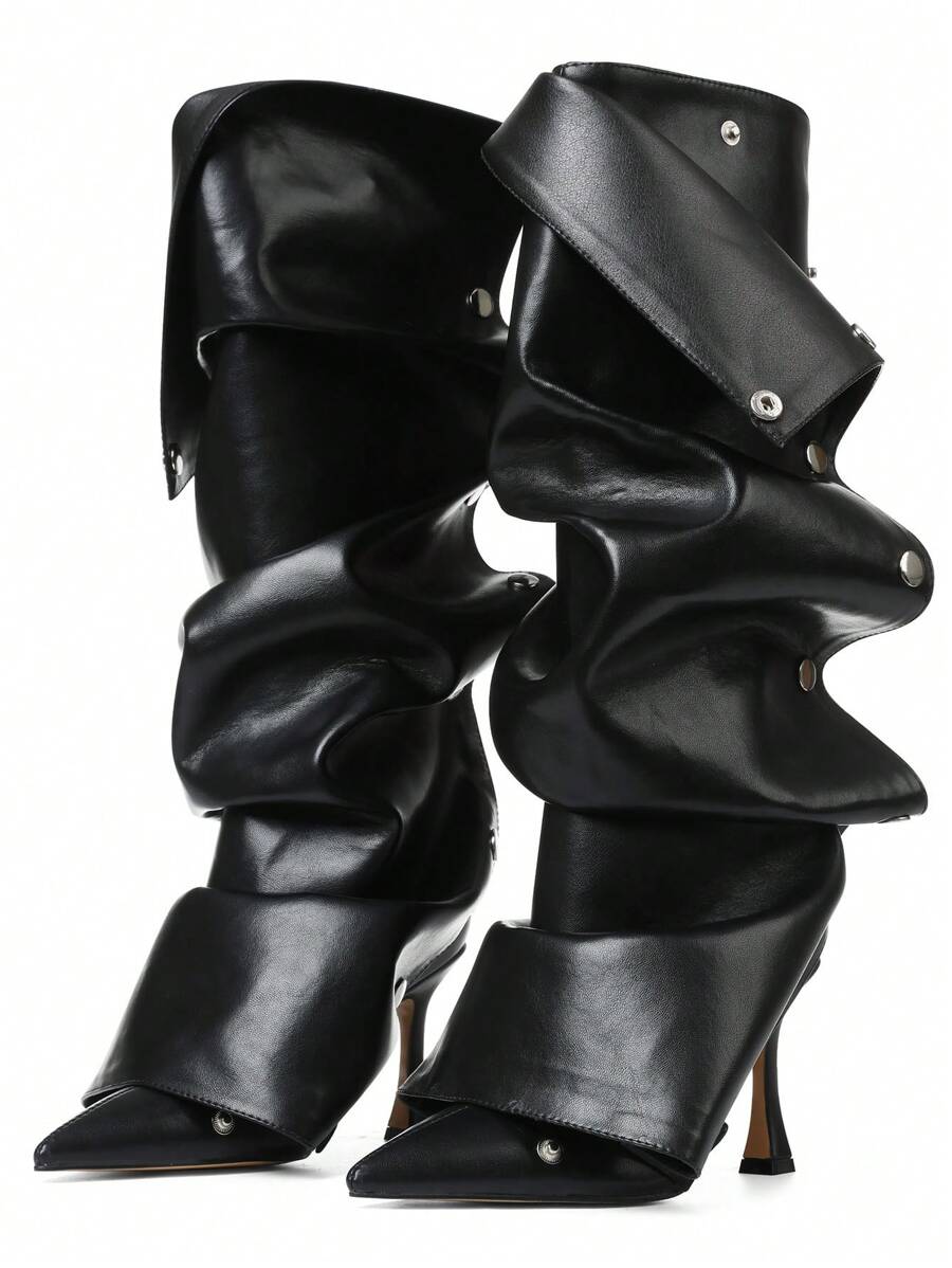 Slip-on view of Elegant Winter Brown Knee High Ruched Slouchy Stiletto Boots for Women - Perfect Nightclub Luxury Footwear for knee high boot styling