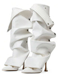 Front view of Elegant Winter Brown Knee High Ruched Slouchy Stiletto Boots for Women - Perfect Nightclub Luxury Footwear for knee high boot styling
