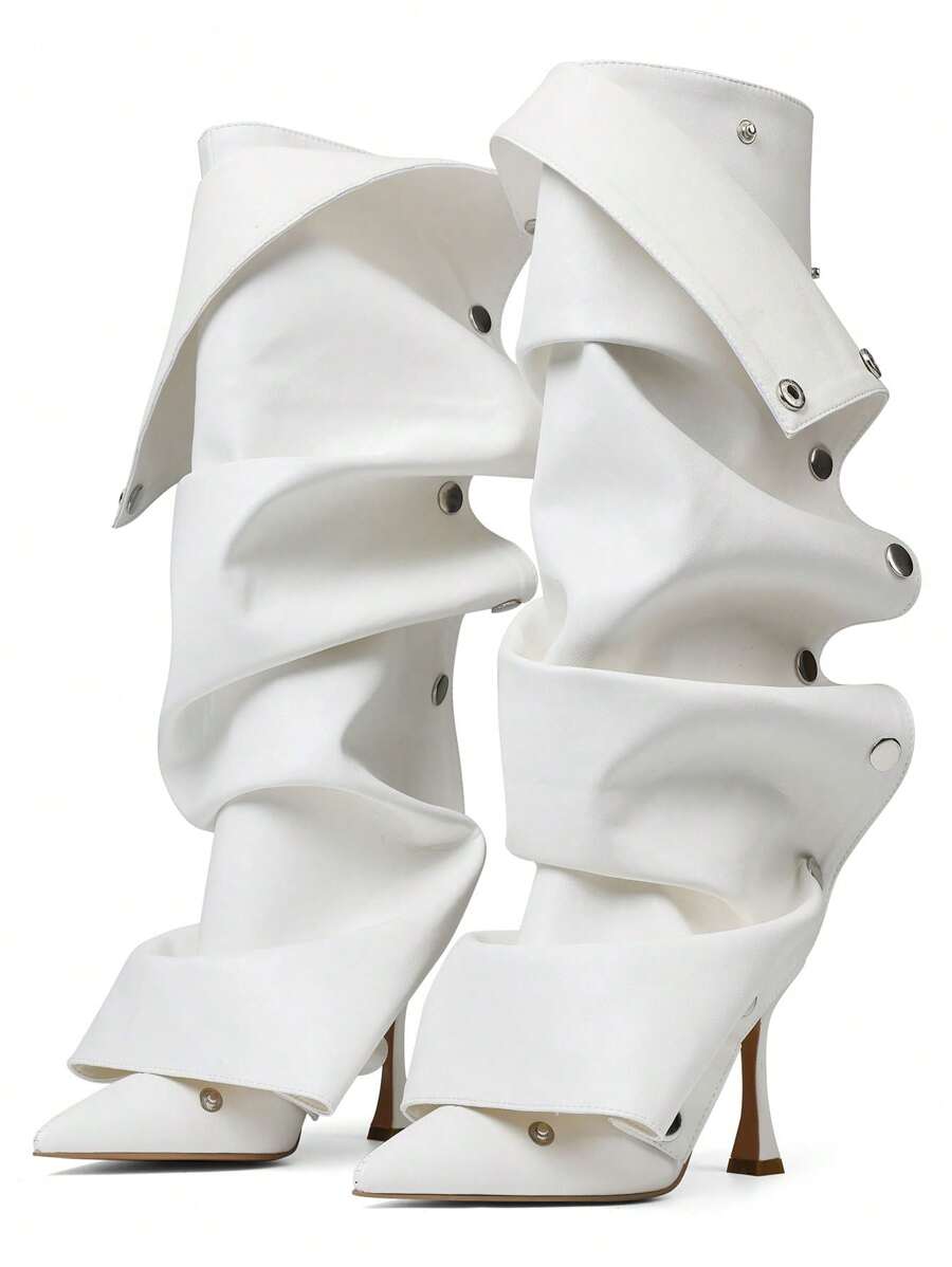 Front view of Elegant Winter Brown Knee High Ruched Slouchy Stiletto Boots for Women - Perfect Nightclub Luxury Footwear for knee high boot styling