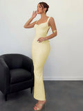 Pale yellow cowl neck bodycon maxi dress side view
