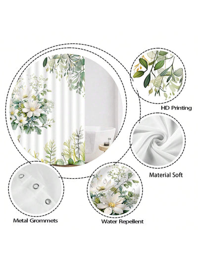 Botanical Bliss: Green Leaf & Flower Shower Curtain for a Tropical Bathroom Escape