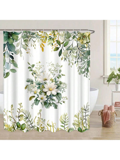 Botanical Bliss: Green Leaf & Flower Shower Curtain for a Tropical Bathroom Escape