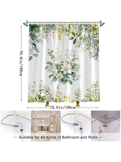 Botanical Bliss: Green Leaf & Flower Shower Curtain for a Tropical Bathroom Escape