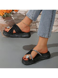 Black platform rhinestone thong slide sandals with ribbed crossover straps